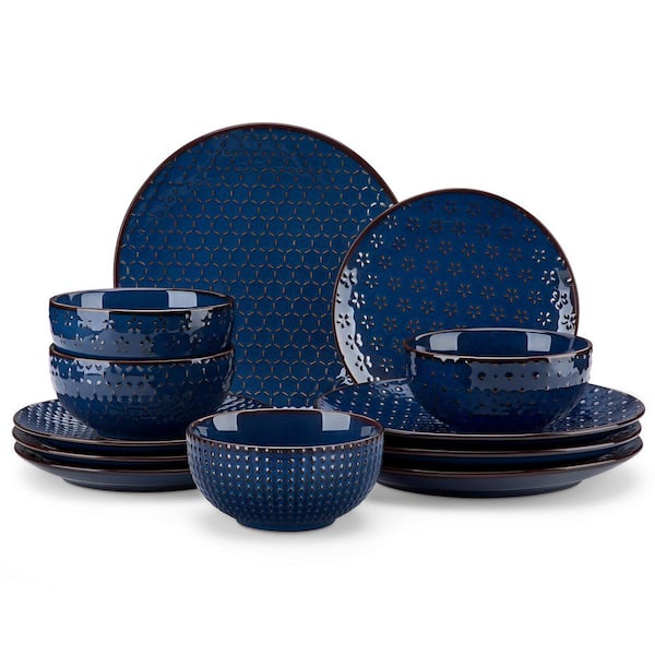 12-Piece Ocean Blue Reactive Glaze Embossed Texture Ceramic Dinnerware Set Plates Bowls Service for 4