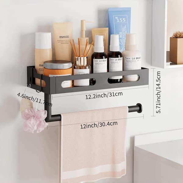 12.2 in. Metal Wall Mount One-Handed Tear Paper Towel Holder with Shelf and 4 Hooks for Kitchen, Matte Black