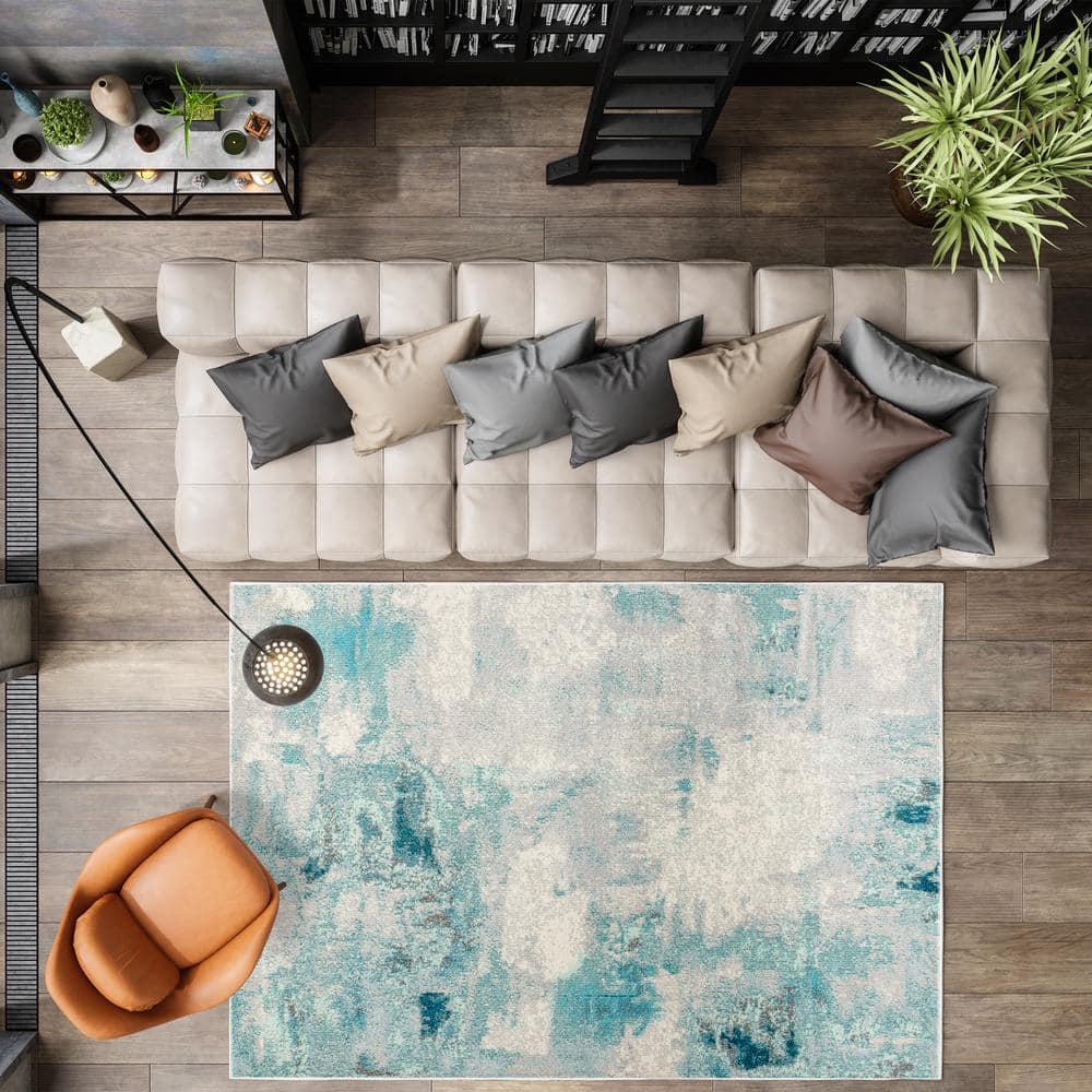 Serene Waters Abstract Cream/Blue Synthetic 3x5 Area Rug