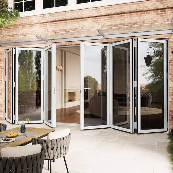 192 in. x 80 in. Bi-Parting Double Tempered Glass White Aluminum Folding Patio Door
