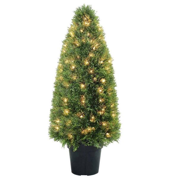 National Tree Company 36 in. Artificial Upright Juniper Tree with Green Round Growers Pot with 70 Clear Lights