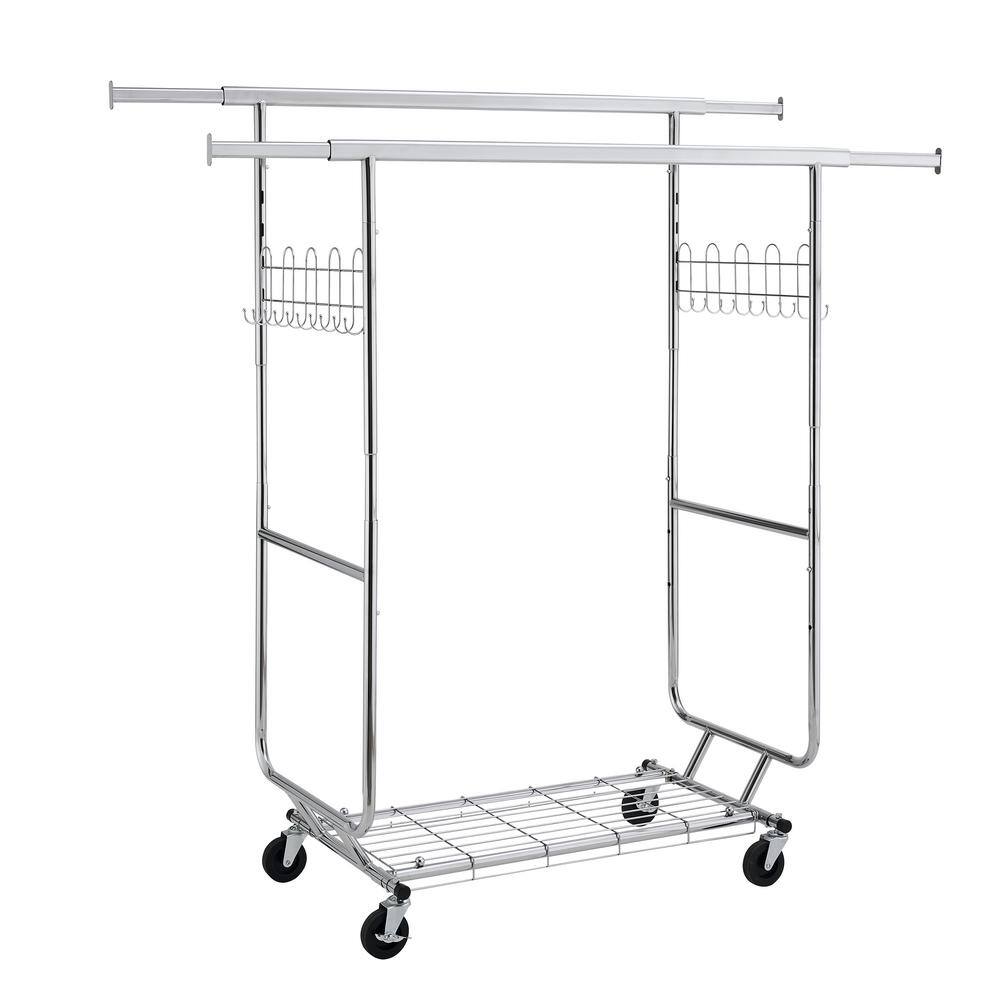 Carsi Silver Polished Metal Collapsible Double Clothing Rack with Wheels 75 in. - thumbnail 8