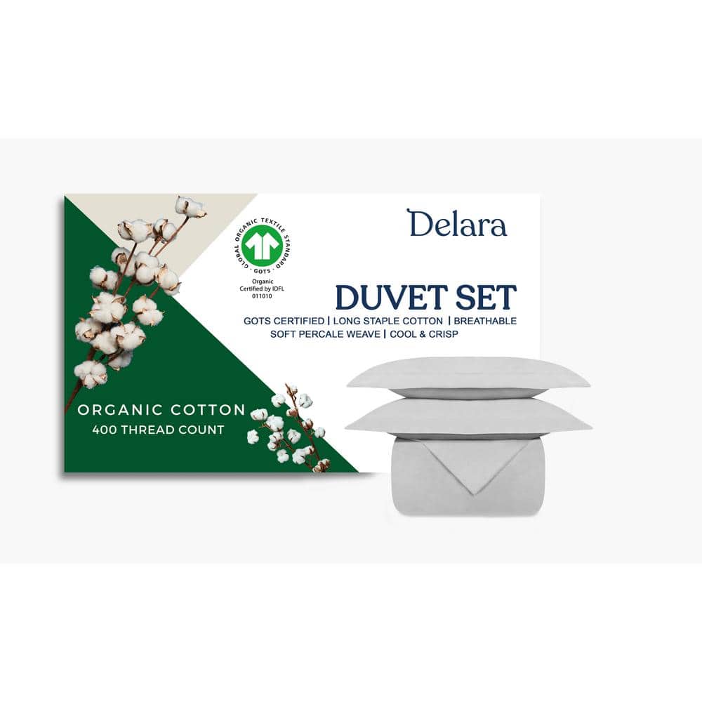 Delara GOTS Certified Organic Cotton, Percale Weave, 400TC, Ultra Soft Breathable, 3-Piece Queen-Light Grey Duvet Set