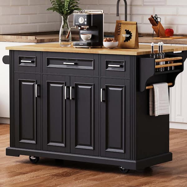 Lycvki Black Wood 54.1 in. Kitchen Island on Wheels with 4 Doors and 3 Drawers, Rubber Wood Drop Leaf