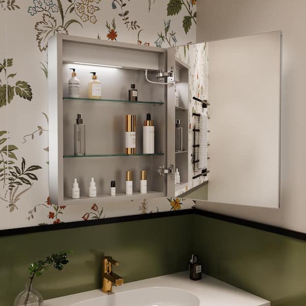 20 in. W x 26 in. H Rectangular Sliver Aluminum Recessed/Surface Mount Right Medicine Cabinet with Mirror LED