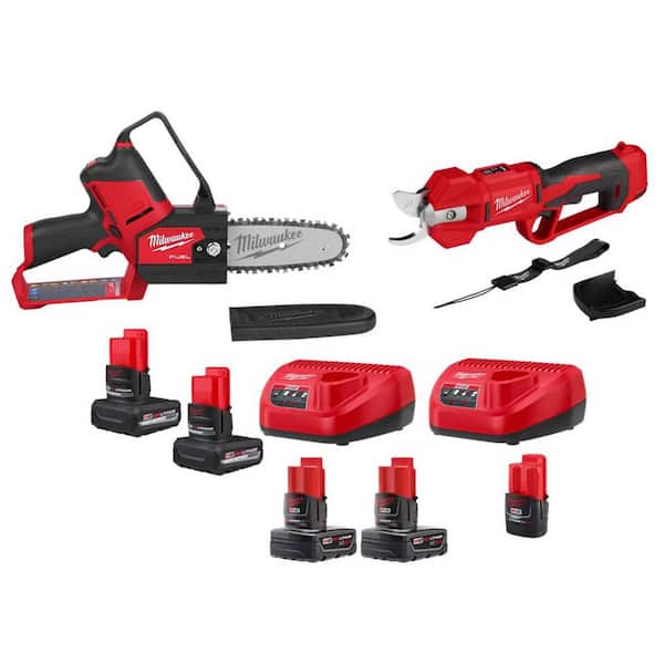 M12 FUEL 6 in. 12V Brushless Cordless Battery Pruning Mini Chainsaw w/ Pruning Shears, (5) Batteries, (2) Charger
