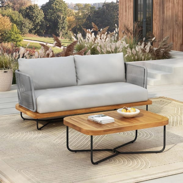 CHRISTOPHER KNIGHT HOME Elijah Teak Wood and Grey Rope Woven Outdoor Patio Loveseat and Table Set with Grey Cushions, Metal Legs