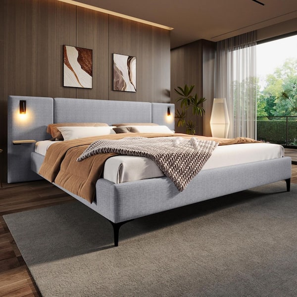 Michael Gray Linen Upholstered Wood Frame King Size Platform Bed with Integrated Lights and Shelves