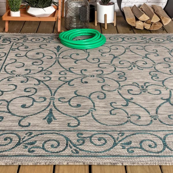 Jonathan Y Charleston Vintage Filigree Textured Weave Indoor/Outdoor Teal/Gray 3 ft. x 5 ft. Area Rug