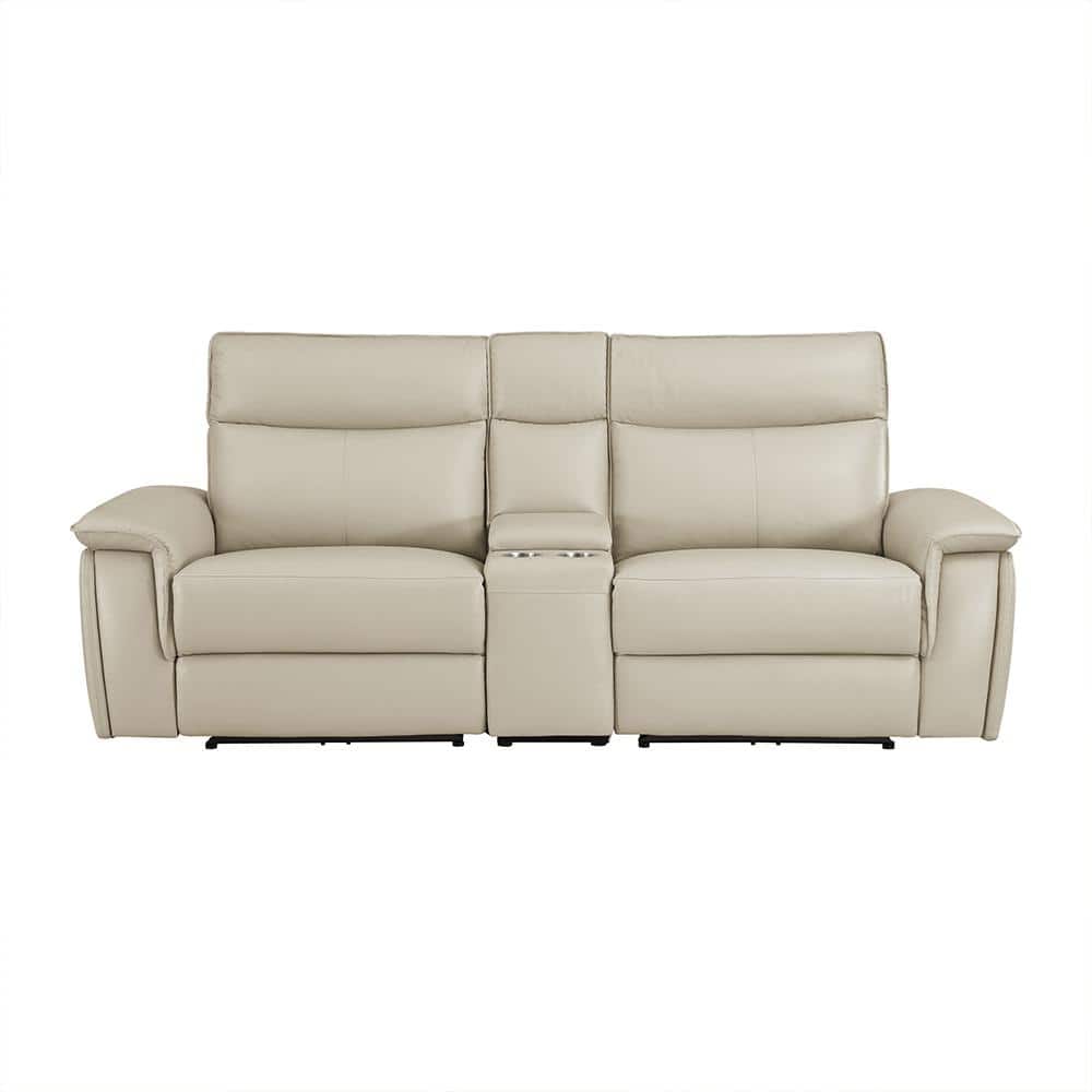 Verkin 93.5 in. W Taupe Leather Power Double Reclining 2-Seater Loveseat wi