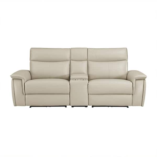 Lazzara Verkin 93.5 in. W Taupe Leather Power Double Reclining 2-Seater Loveseat with Center Console and Power Headrests