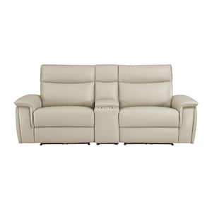 Verkin 93.5 in. W Taupe Leather Power Double Reclining 2-Seater Loveseat with Center Console and Power Headrests