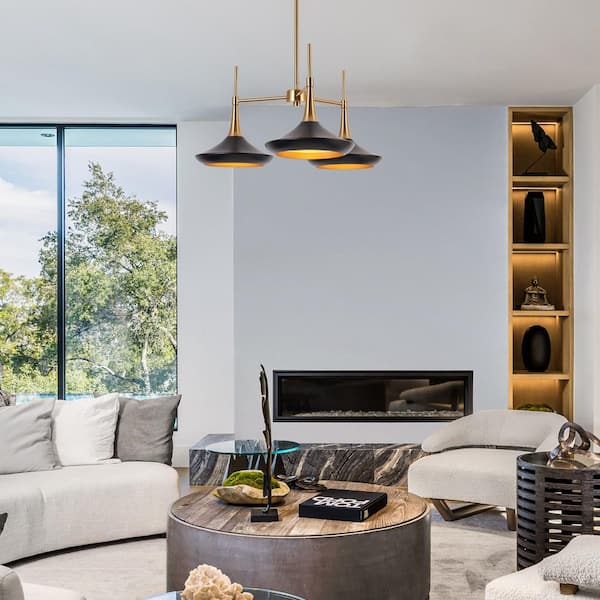 Phapri 3-Light Black Brass Mid-Century Island Chandelier Modern Dining Room Hanging Pendant Light with Bell Metal Shades