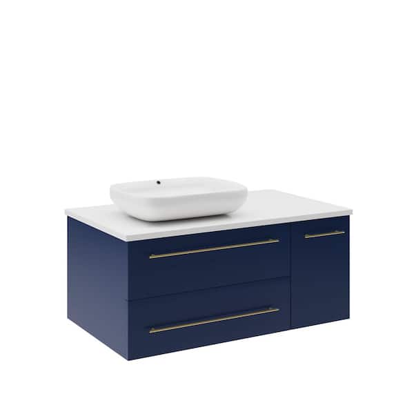 Fresca Lucera 36 in. Single Sink Wall Mount Royal Blue Bath Vanity with White Quartz Top and Vessel Sink - Left Version