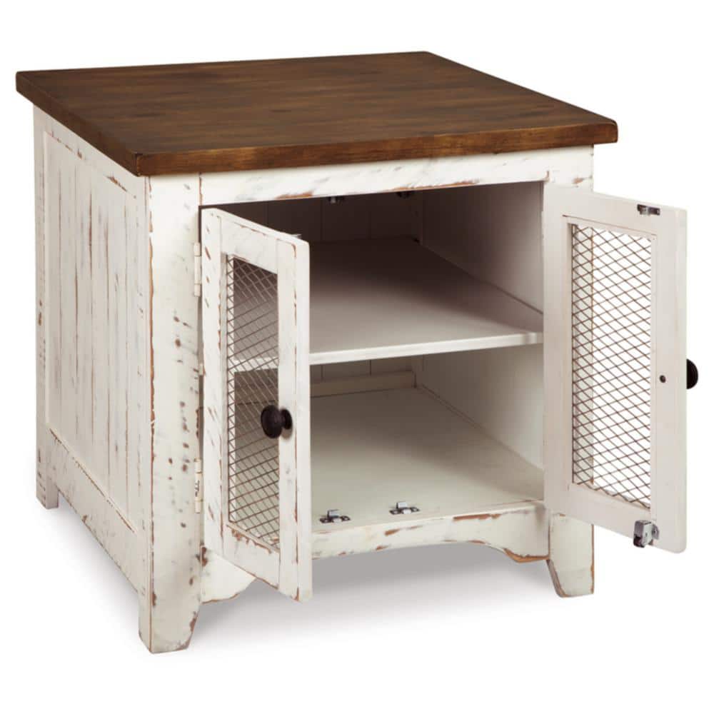 Rustic White and Brown Wood End Table with Storage