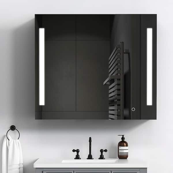 Lirago 26 in. W x 30 in. H LED Lighted Rectangular Metal Surface Mount Medicine Cabinet with Mirror in Black