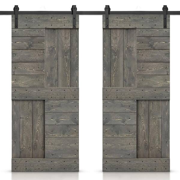 CALHOME 48 in. x 84 in. Weather Gray Stained DIY Knotty Pine Wood Interior Double Sliding Barn Door with Hardware Kit