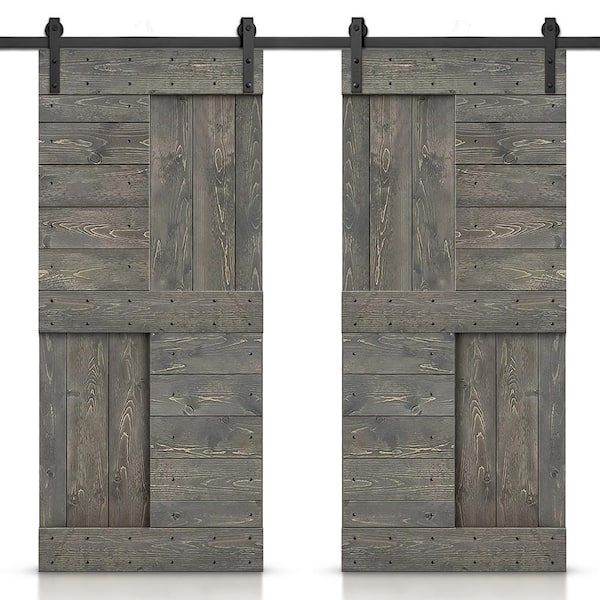 CALHOME 72 in. x 84 in. Weather Gray Stained DIY Knotty Pine Wood Interior Double Sliding Barn Door with Hardware Kit
