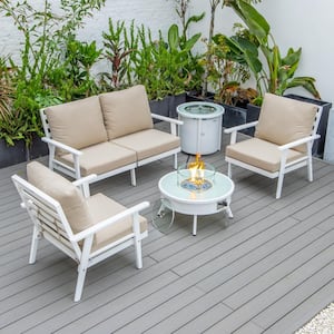 Walbrooke White 5-Piece Aluminum Round Patio Fire Pit Set with Beige Cushions and Tank Holder