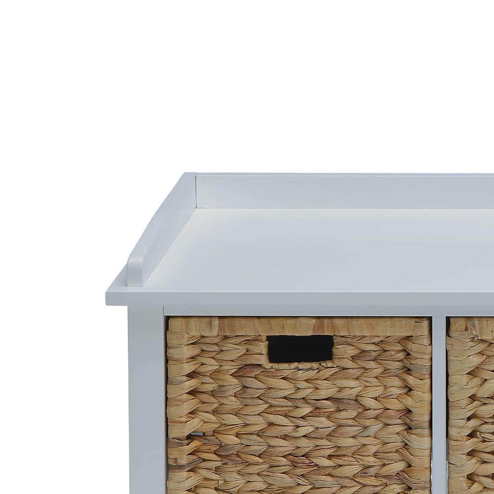 White Wood and Rattan Storage Bench with Drawers