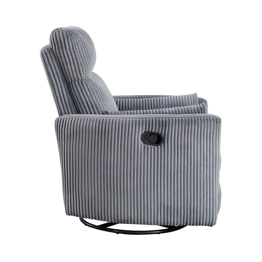 Gray Corduroy Swivel Glider Recliner with Wood Accents
