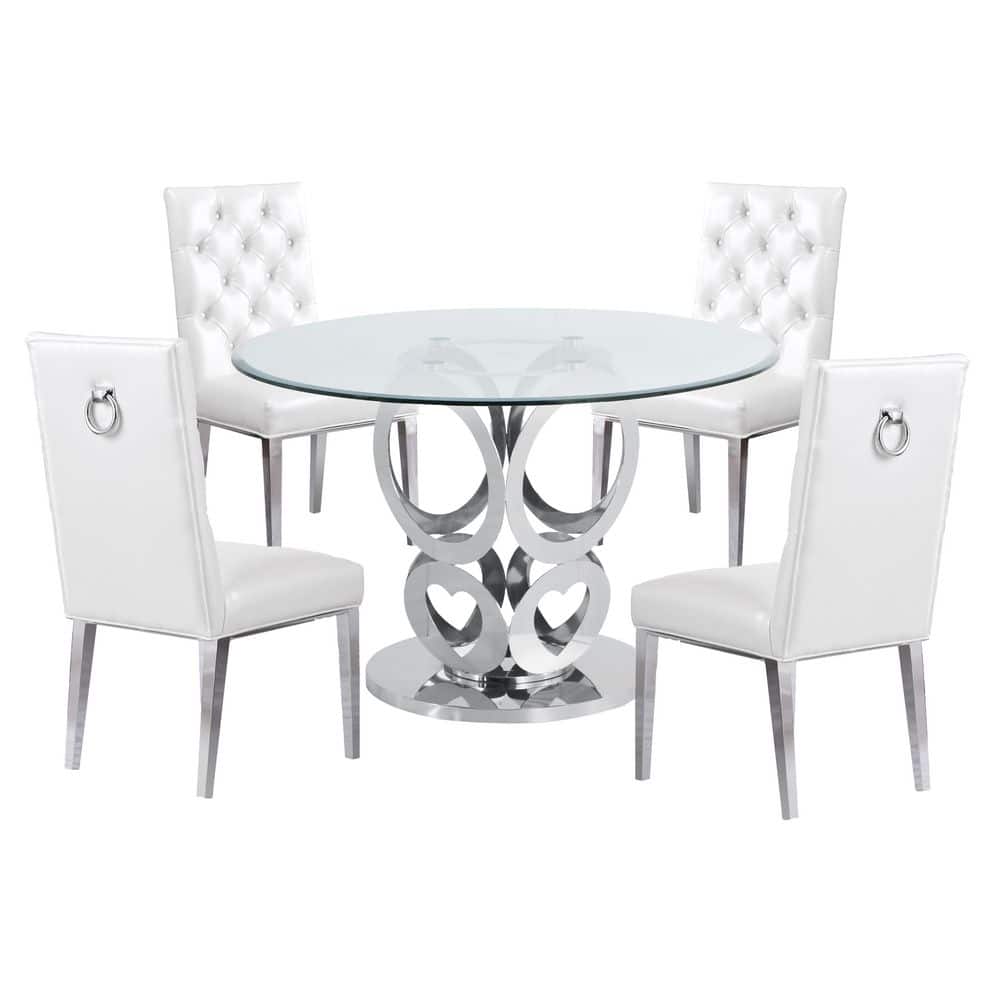 Best Quality Furniture Heart 5Piece White Faux Leather Round Glass Top