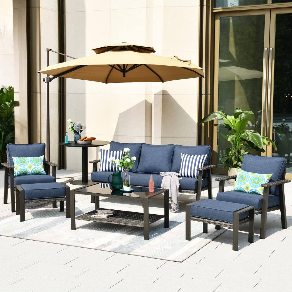 HOOOWOOO Walden Grey 6-Piece Wicker Metal Outdoor Patio Conversation ...