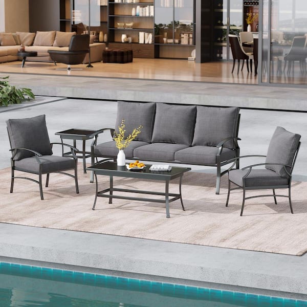 5-Piece Black Metal Frame Outdoor Patio Furniture Set with Armchairs, Gray Sofa and Coffee Tables