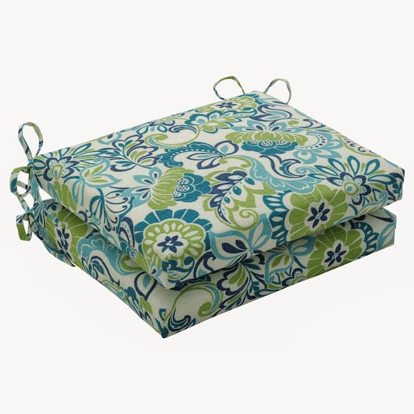 Pillow Perfect Floral 18.5 in. x 16 in. Outdoor Dining Chair Cushion in Blue/Green (Set of 2)