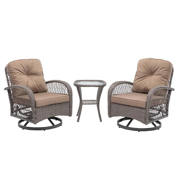 Tenleaf Brown 3-Piece Wicker Patio Conversation Set with Gray Thickened Cushions, Glass Coffee Table