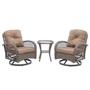 3-Piece Brown Wicker Patio Conversation Set with Gray Thickened Cushions, Glass Coffee Table