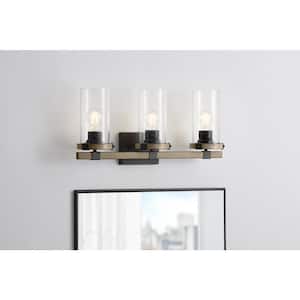 Richland 24 in. 3-Light Gray Wood Vanity Light with Clear Seedy Glass