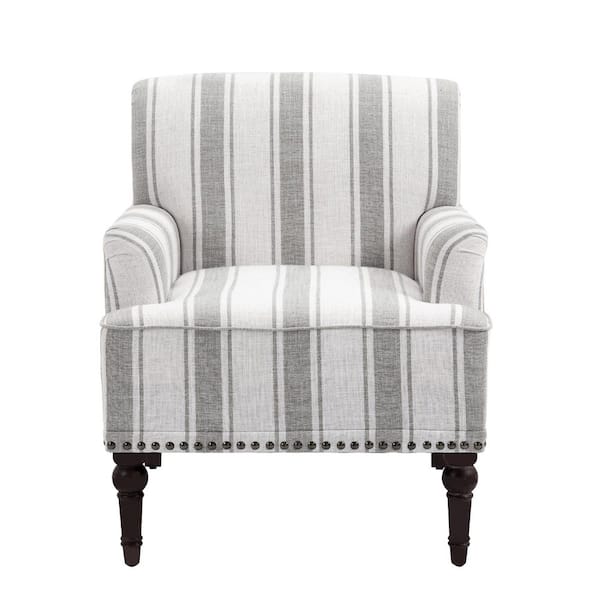 Modern Gray Striped Linen Fabric Upholstered Accent Armchair With Wooden Legs (Set of 1)