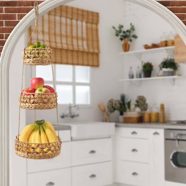 Brown Natural 3-Tier Hanging Fruit Baskets, Wicker Water Hyacinth Vertical Woven Kitchen Storage Organizer