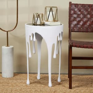 16 in. White Drip Large Asymmetrical Glass End Table with Melting Designed Body and Black Shaded Tabletop