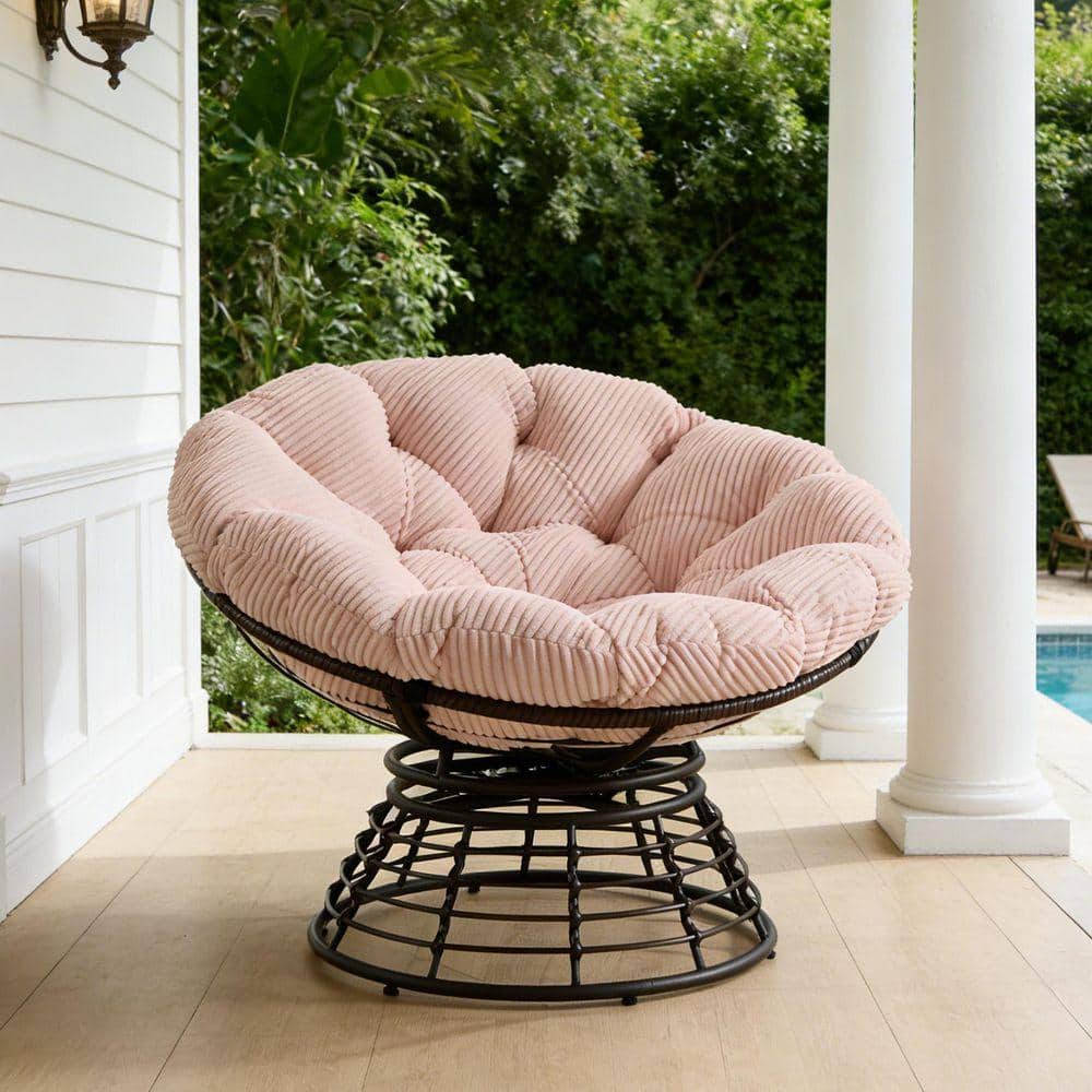 HOMEFUN Modern Pink Corduroy Wicker 360° Swivel Papasan Recliner