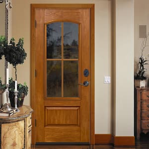 36 in. x 80 in. Right-Hand 4 Lite Clear Glass Mocha Stain Fiberglass Prehung Front Door with Brickmould