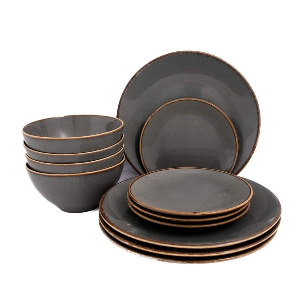 PORLAND Seasons 12 Piece Dark Grey Porcelain Dinnerware Set (Serving