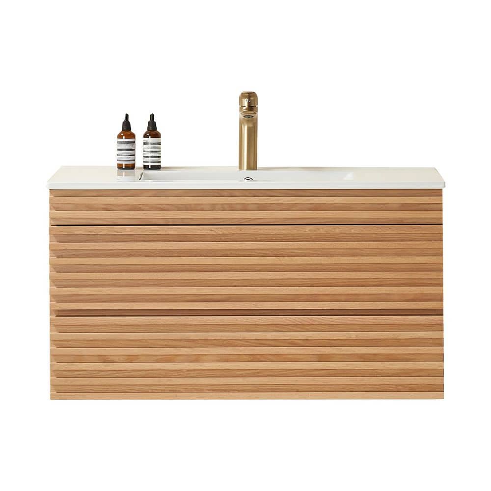 Piano 36 in. Single Sink Floating Walnut Bath Vanity with Integrated White Ceramic Top and Basin Assembled price history on PriceWatchPro