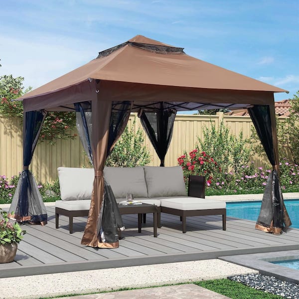 11 ft. x 11 ft. Outdoor Patio Metal Brown Pop Up Gazebo Canopy w/Removable Zipper Netting and 2-Tier Soft Top Event Tent