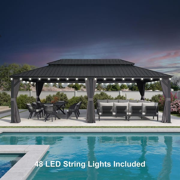 14 ft. x 24 ft. Gray Patio Outdoor Gazebo for Backyard Hardtop Aluminum Frame with Hooks, Netting, Curtain 48 Lights