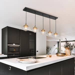 44 in. 5-Light Brass Gold Dining Room Linear Chandelier, Modern Black Kitchen Island Pendant Light with Seeded Glass