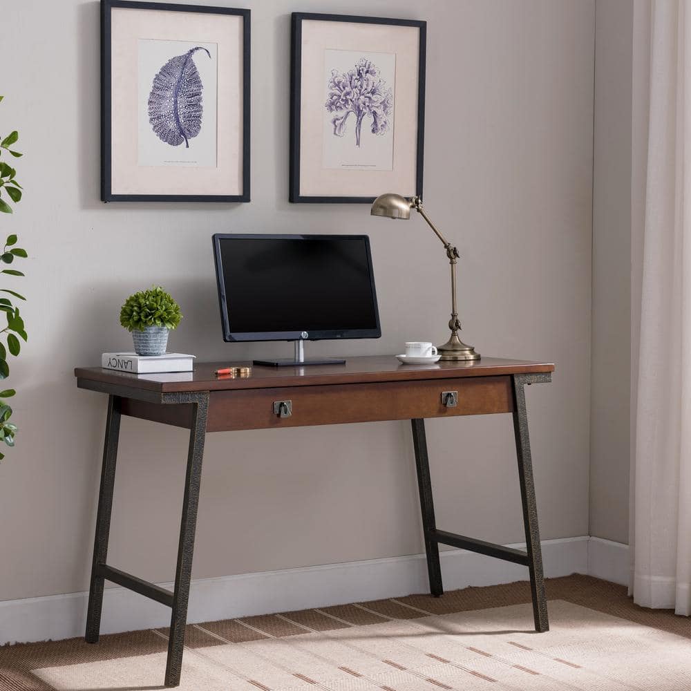 Empiria Medium Walnut Office Desk with Foundry Bronze Frame and Keyboard Tray