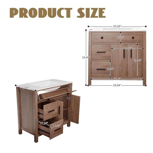 Natural Wood 36 in. Single Sink Freestanding Bath Vanity with White Resin Top and 3-Drawers