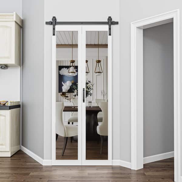 36 in. x 84 in. 1 Lite Mirrored Glass Solid Core White Finished Composite Bi-fold Door with Bifold Barn Door Hardware