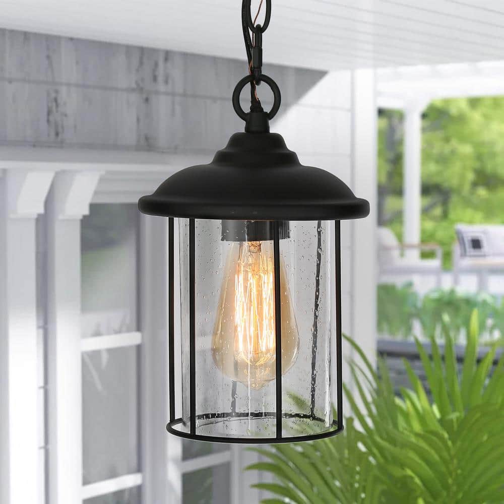 Modern Black Outdoor Pendant Light TORA 1-Light Farmhouse Lantern Outdoor Light Fixture with Seeded Glass Shade price history on PriceWatchPro