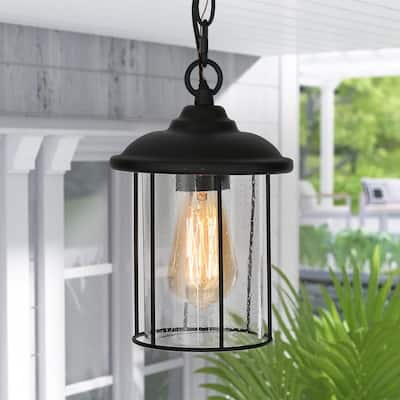Modern Black Outdoor Pendant Light TORA 1-Light Farmhouse Lantern Outdoor Light Fixture with Seeded Glass Shade