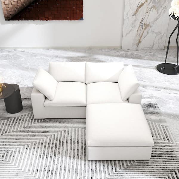 J&E Home 80.3 in. Square Arm 3-Piece L Shaped Linen Modern Sectional Sofa in White with Storage Ottoman