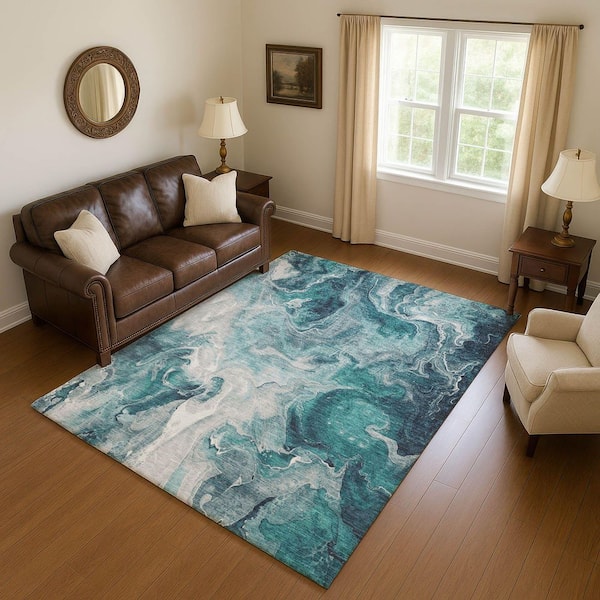 Mayfield Premium Machine Washable Abstract AMF1687 Teal 3 ft. x 5 ft. Area Rug