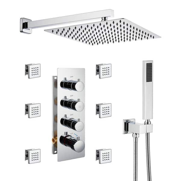 CASAINC Thermostatic 3-Spray 12 in. 2.5 GPM Wall Mount Dual Shower Head and Handheld Shower Head with 6-Body Jets in Chrome